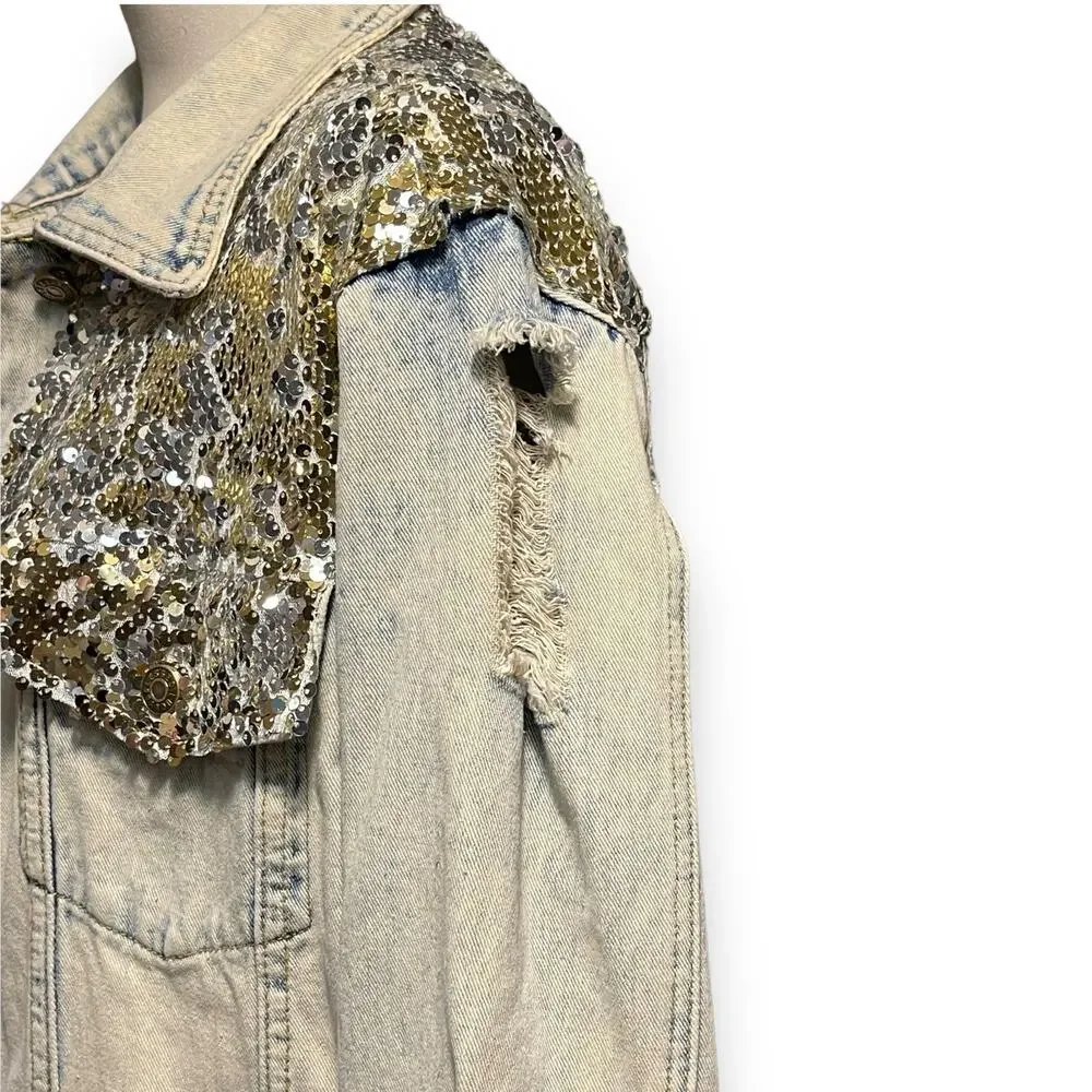 L&B Sequin Denim Jacket Distressed Acid Wash Gold Silver Medium
